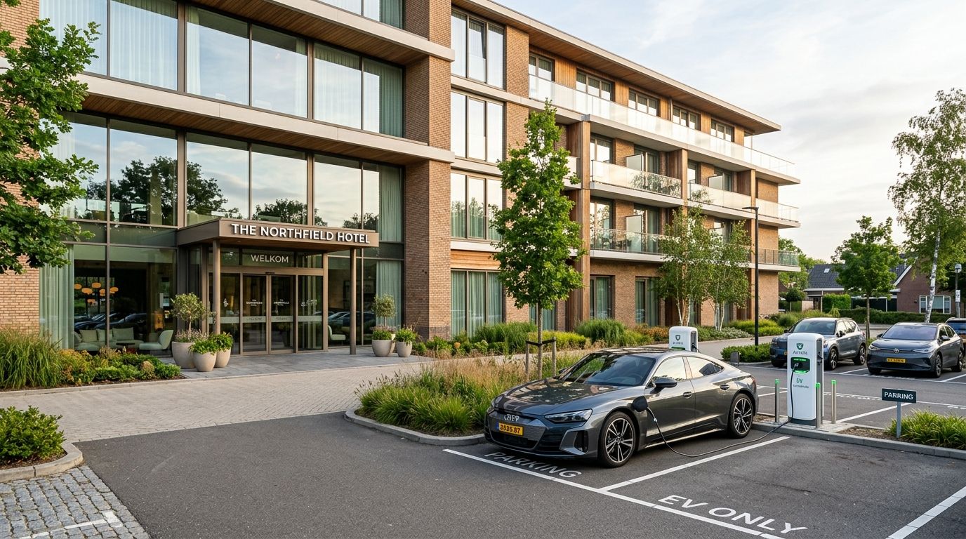 Laadpalen hotel bij parkeerplaats voor gasten van een modern hotelpand met elektrische auto in oplaadstation