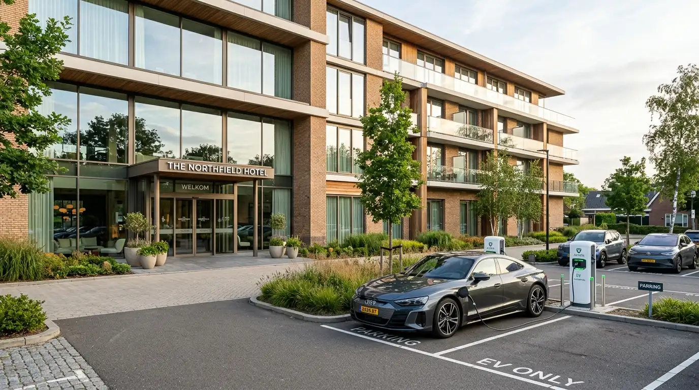 Laadpalen hotel bij parkeerplaats voor gasten van een modern hotelpand met elektrische auto in oplaadstation