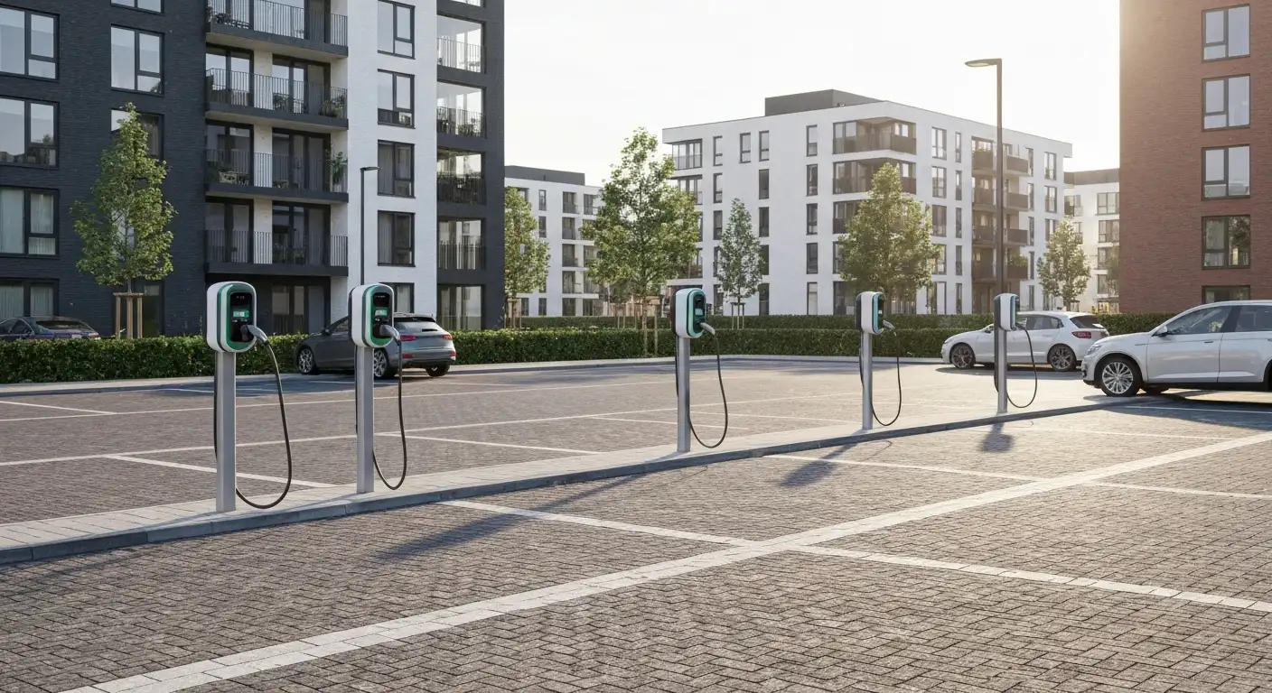 Laadpalen op parkeerterrein bij Nederlands appartementencomplex met elektrische auto's die opladen voor een VvE