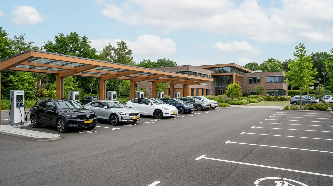 Laadplein met meerdere laadpalen voor elektrische auto's op parkeerterrein bij bedrijfspand