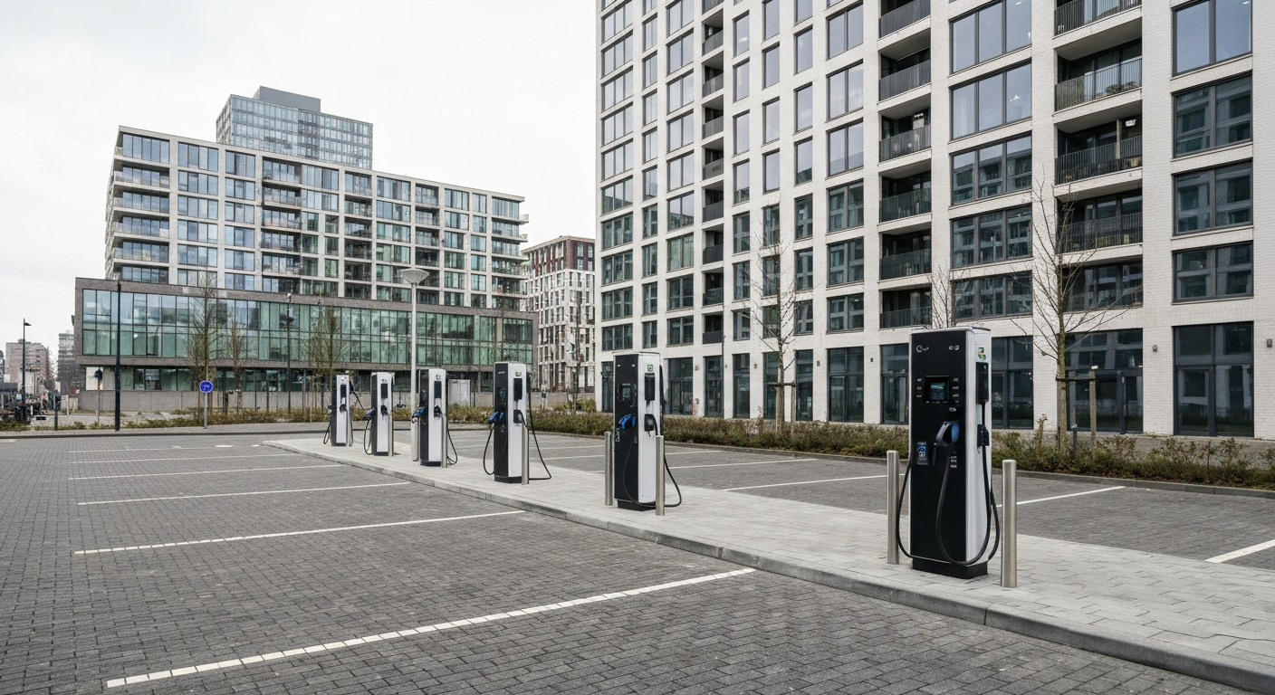Laadplein Rotterdam met meerdere laadpalen voor elektrische auto's bij moderne vastgoedgebouwen, energieaanpak tegen netcongestie
