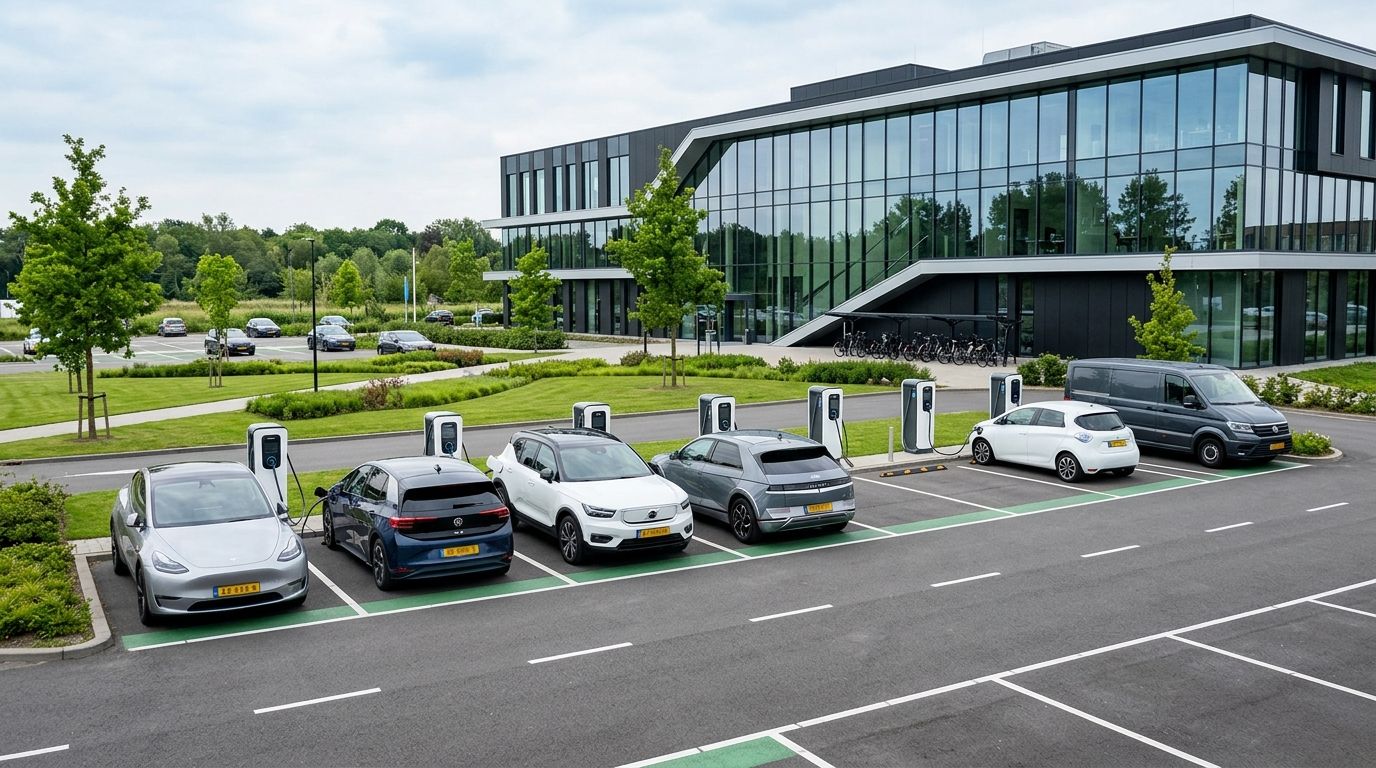 Laadplein voor bedrijven met meerdere laadpalen voor elektrische auto's op een bedrijventerrein in Nederland