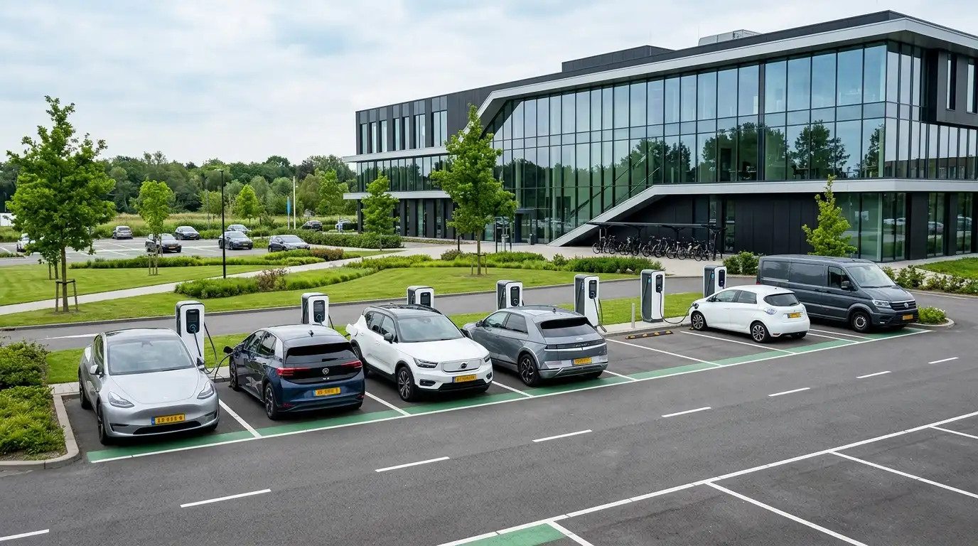 Laadplein voor bedrijven met meerdere laadpalen voor elektrische auto's op een bedrijventerrein in Nederland