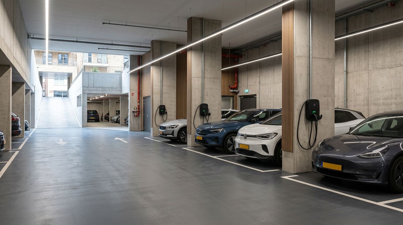 Rij laadpalen met load balancing in parkeergarage van appartementencomplex, meerdere elektrische auto's laden tegelijk zonder zwaardere netaansluiting