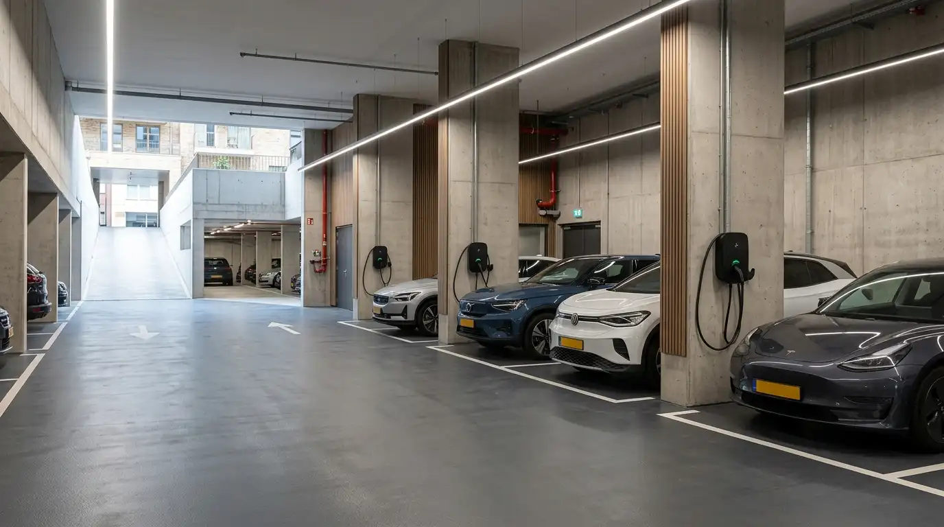 Rij laadpalen met load balancing in parkeergarage van appartementencomplex, meerdere elektrische auto's laden tegelijk zonder zwaardere netaansluiting
