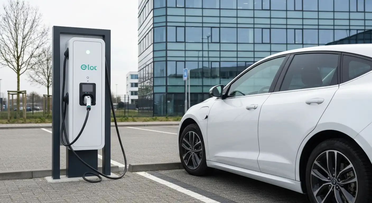 Moderne laadpaal met laadkabel aangesloten op elektrische auto op bedrijfsparkeerterrein bij kantoorgebouw