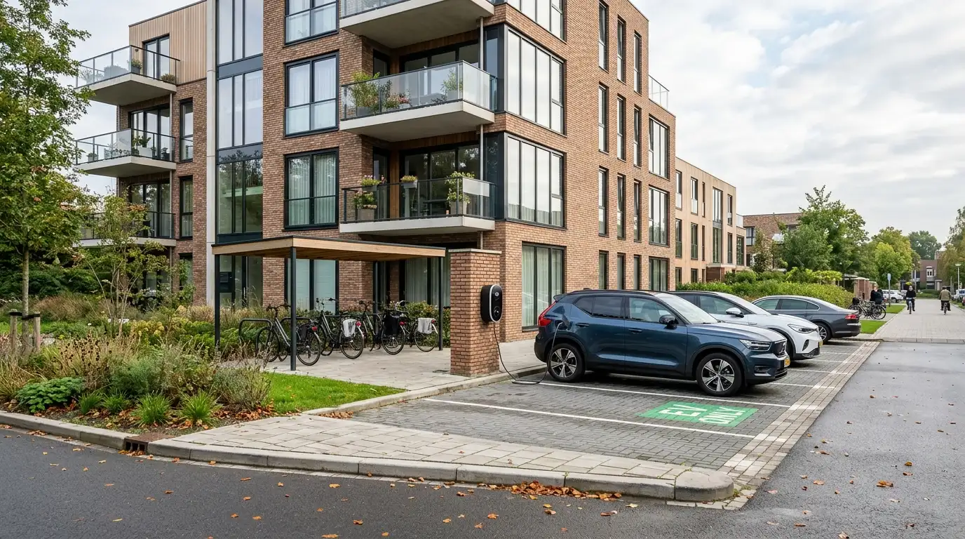 Slimme laadpaal bij appartementencomplex helpt netcongestie beperken voor vastgoedeigenaren