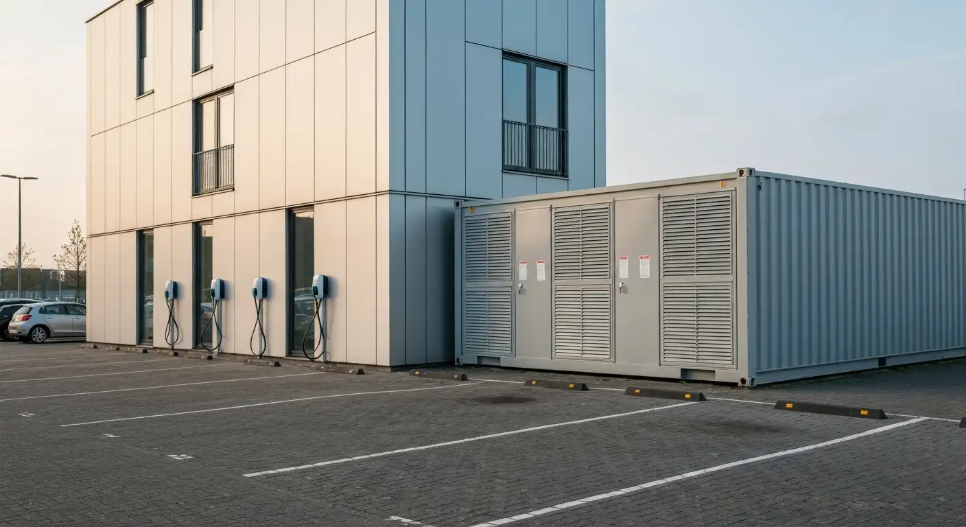 Batterijopslagsysteem naast laadinfrastructuur op bedrijfsterrein ter voorkoming van netcongestie bij bedrijf