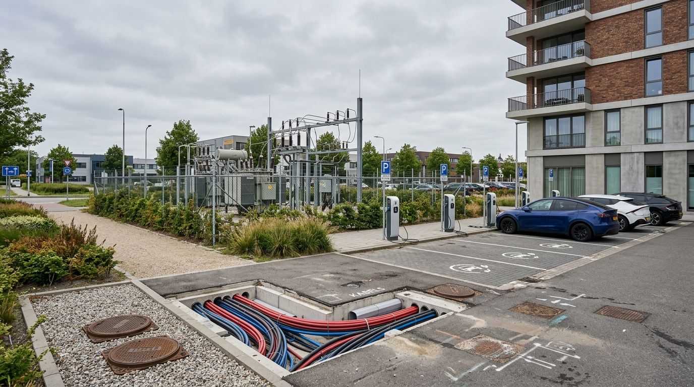 Elektriciteitsnetwerk en laadpalen bij een Nederlands bedrijventerrein, netcongestie in het stroomnet