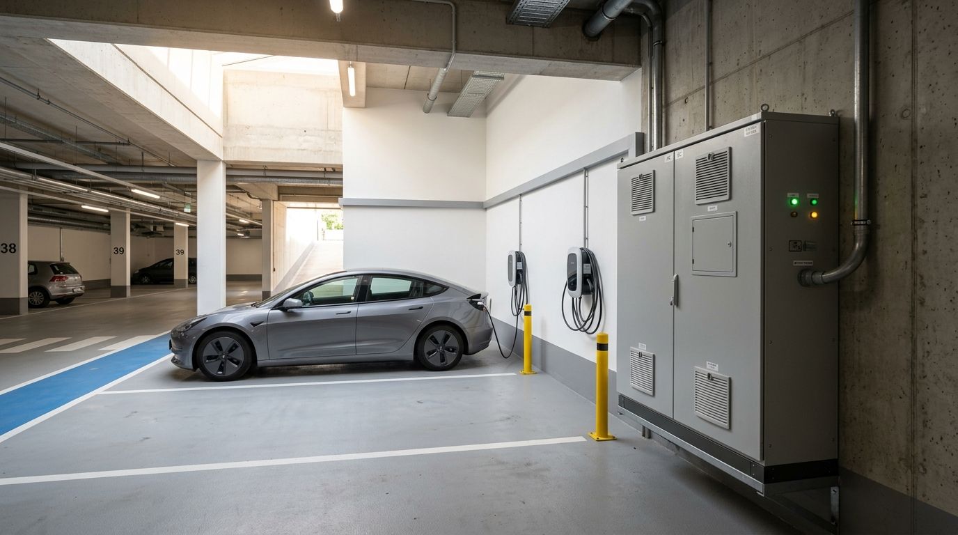Batterijopslagsysteem naast laadpalen in parkeergarage als oplossing voor netcongestie bij vastgoed