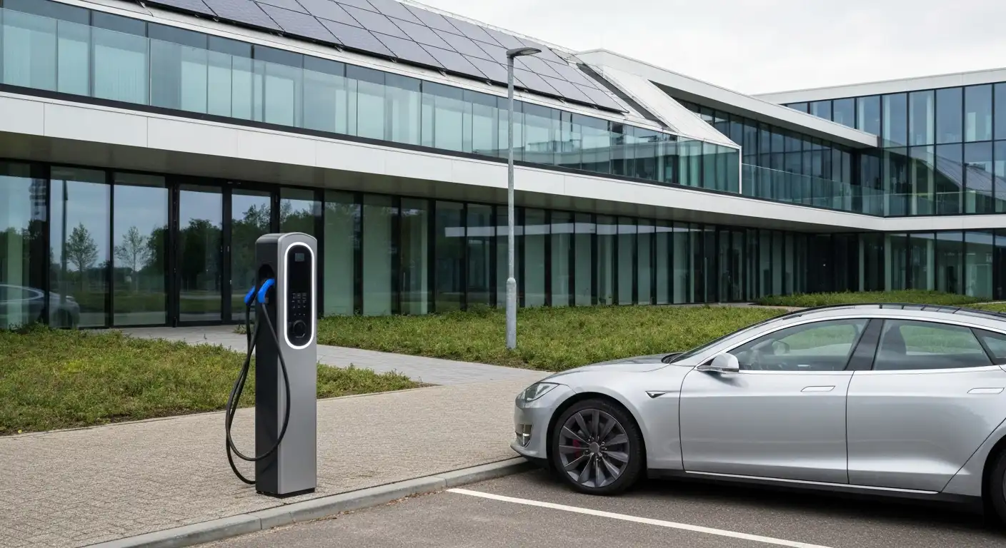 Elektrische auto aan een laadpaal voor een modern Nederlands kantoorgebouw met zonnepanelen en groene beplanting