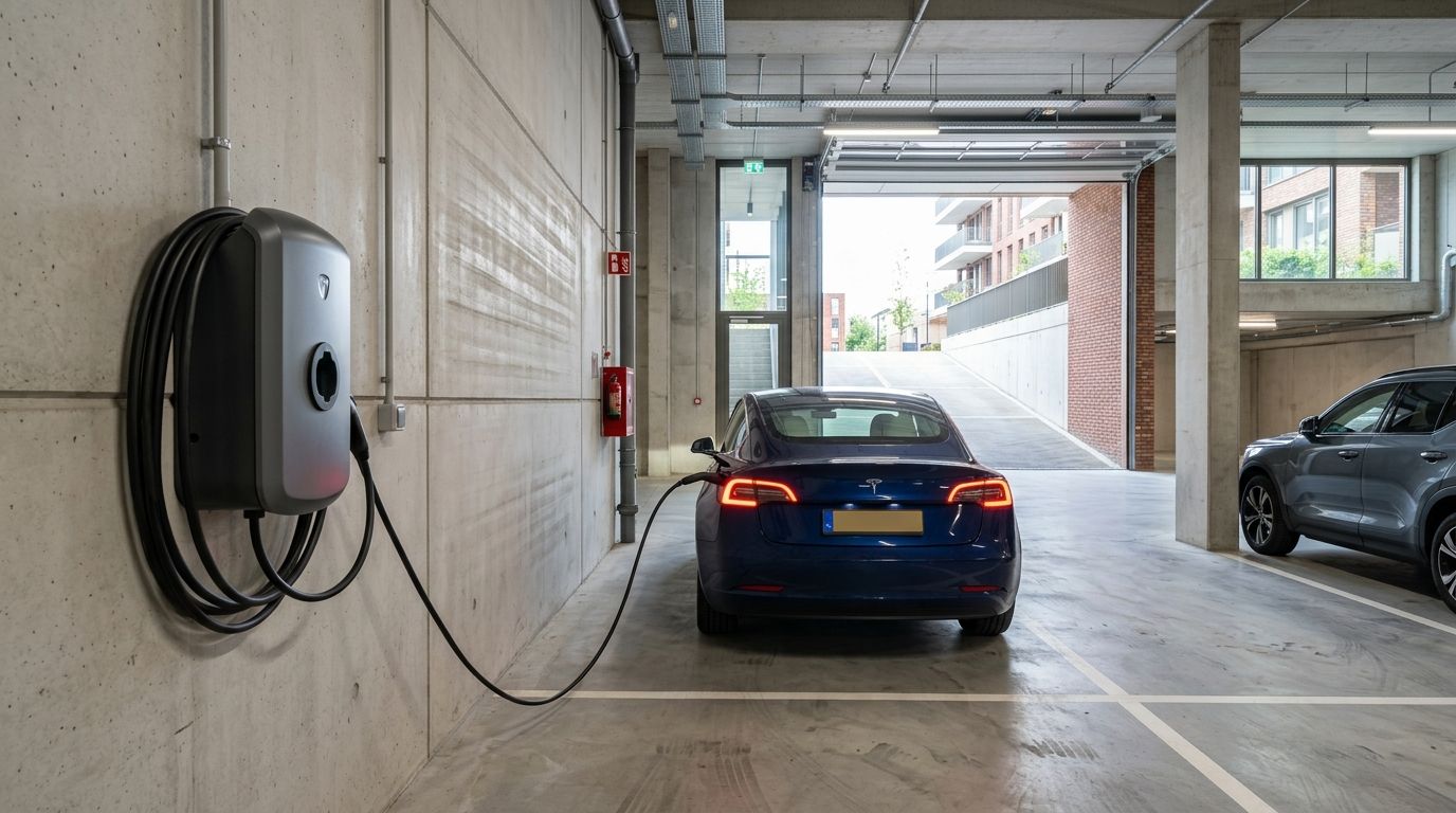 Slimme laadpaal voor elektrische auto in parkeergarage van vastgoedcomplex