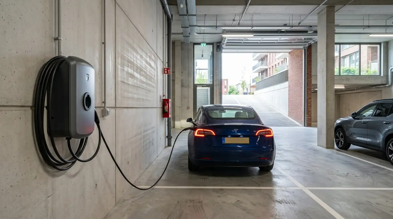 Slimme laadpaal voor elektrische auto in parkeergarage van vastgoedcomplex