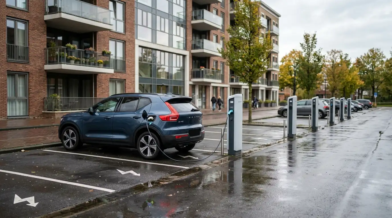 Laadpalen op parkeerterrein bij appartementengebouw voor subsidie laadpaal stapelen in 2026