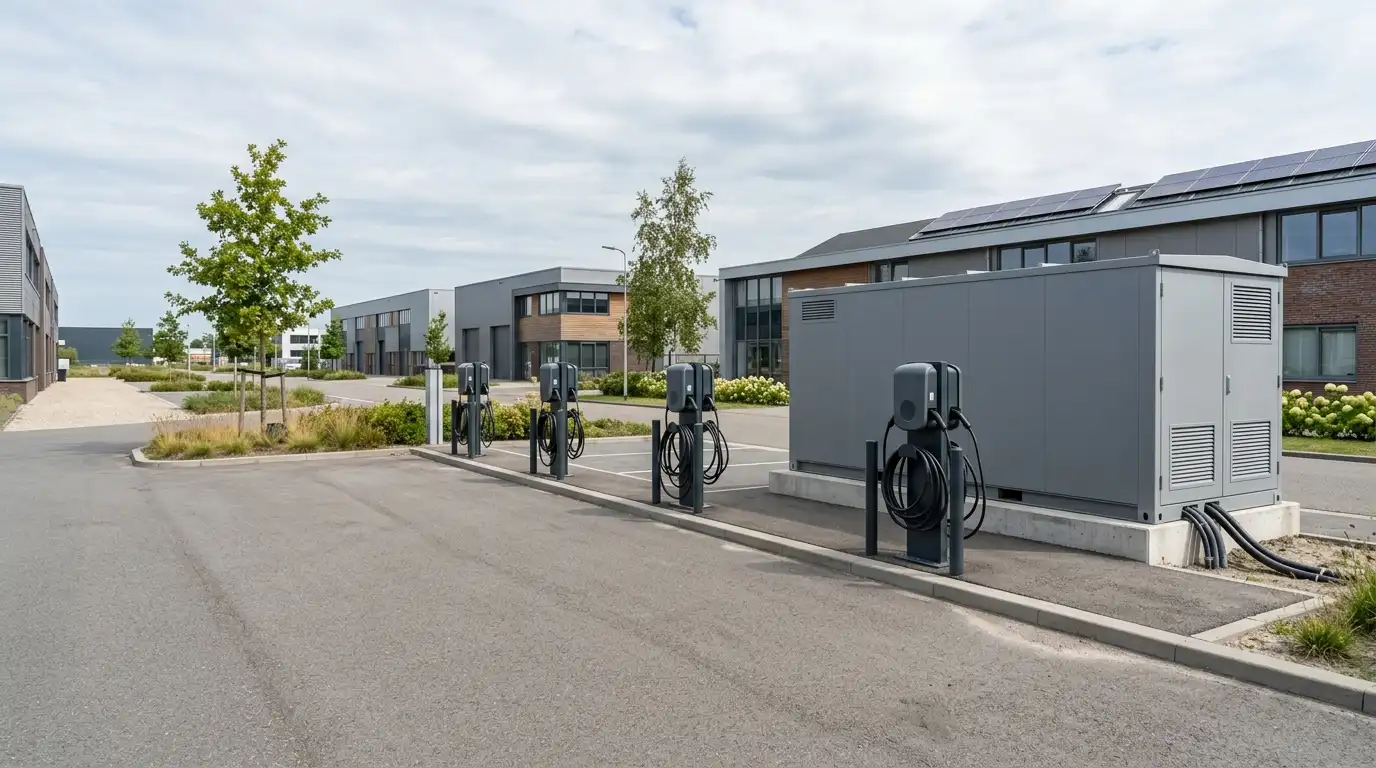 Energiehub met laadpalen en batterijopslag op bedrijventerrein ter voorkoming van netcongestie