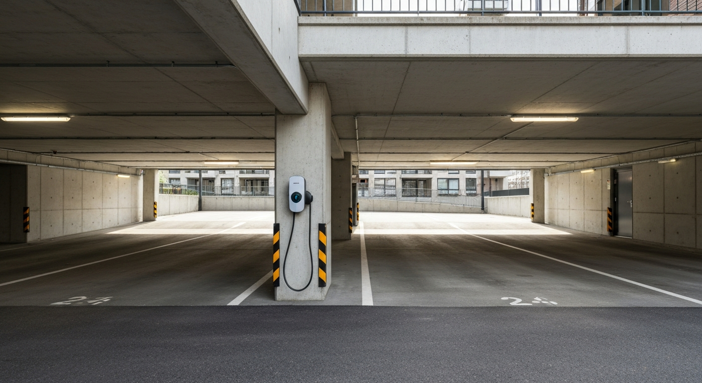 Laadpaal in de parkeergarage van een appartementencomplex voor VvE laadpaal kosten