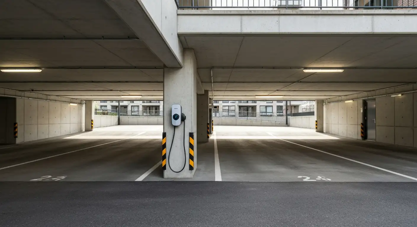 Laadpaal in de parkeergarage van een appartementencomplex voor VvE laadpaal kosten