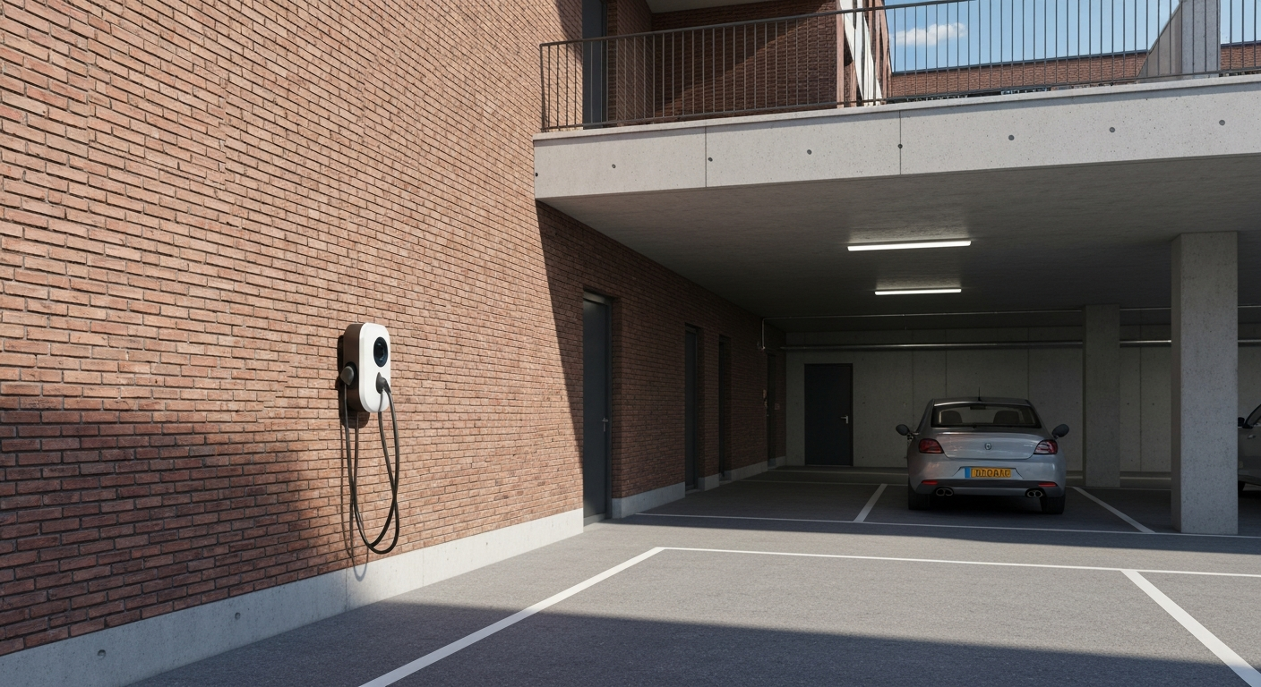 Laadpaal bij appartement in overdekte parkeergarage met opladende elektrische auto