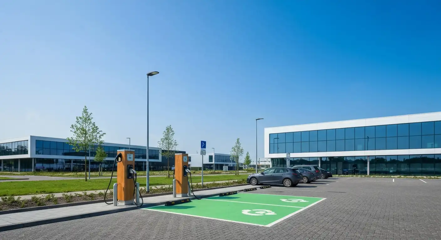 Moderne laadpalen op een bedrijfsparkeerplaats met elektrische auto's voor een kantoorgebouw in daglicht