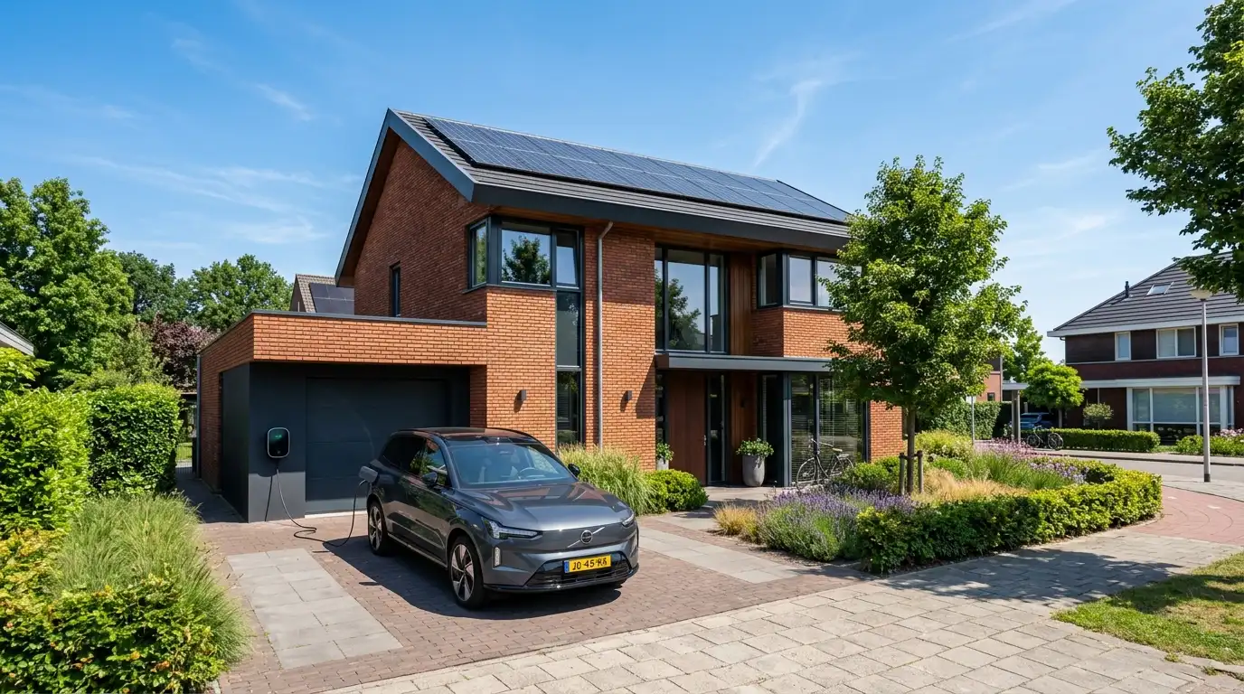Slimme laadpaal aan huis met zonnepanelen op het dak voor duurzaam en kostenefficiënt elektrisch laden